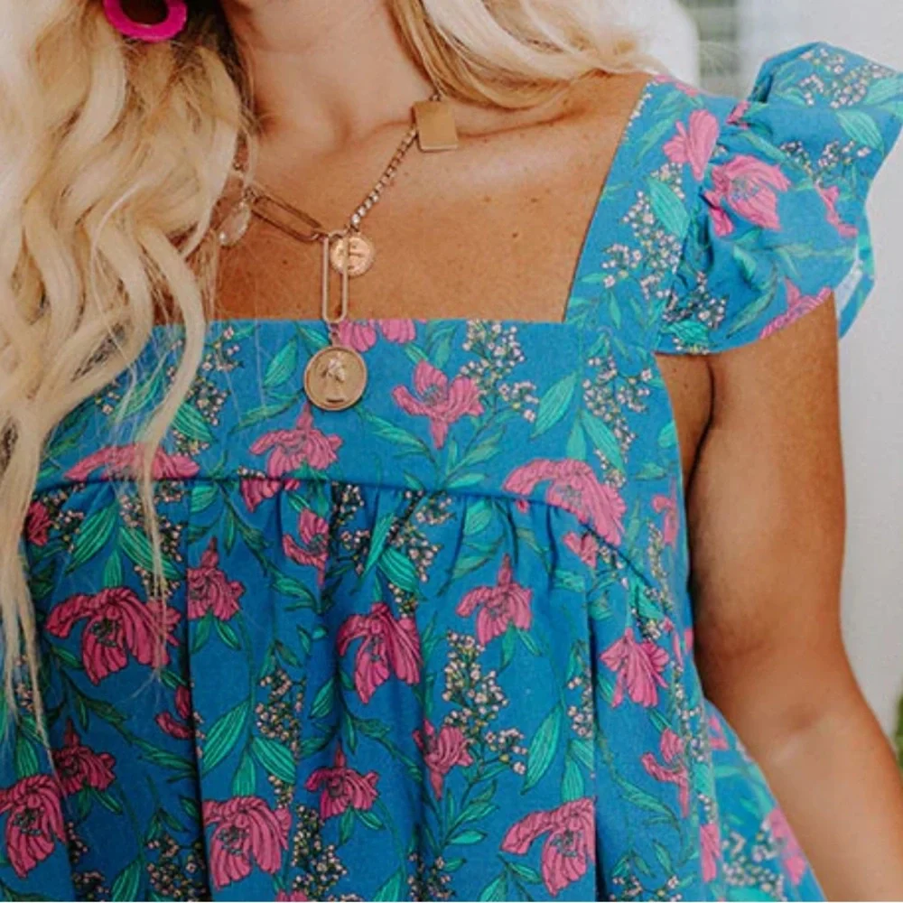 Impressions TURN AWAY FLORAL DRESS blue floral Flutter Sleeves Square Neckline - Picture 2 of 9
